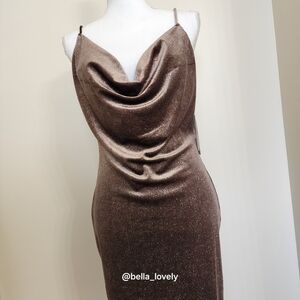 Sparkling Velvet Feel Elegant Mocha Brown Cowl Neck Dress